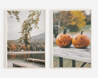 Almost Halloween Print Set, 2 Fall Posters, Jack O Lantern Pumpkins, Rustic Lake Photography, 2 Piece Print Set, Farmhouse Autumn Prints