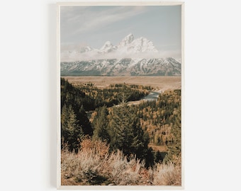 Grand Teton River Print, Wyoming Scenery, Forest Along River Bed, Rustic Photography, Grand Teton Poster, Mountain Wall Art, Rustic Decor