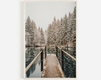 Forest Pond Print, Snow Covered Forest, Winter Home Decor, Rustic Forest Print, Snowy Dock In Winter, Rustic Pond Photo, Mountain Lake Print