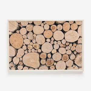 May include: A close-up of a wall made of stacked wood rounds. The wood is a light brown color and the rounds are arranged in a random pattern.