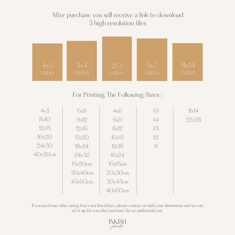 May include: Chart showing different aspect ratios for digital prints, including 4x5, 3x4, 2x3, 5x7, and 11x14. The chart also lists common print sizes in inches and centimeters, including 4x6, 6x8, 8x10, 10x15, 12x16, 12x18, 16x20, 16x24, 20x30, 24x32, 30x40, 40x50, and 45x60. The chart also lists standard paper sizes, including A5, A4, A3, A2, and A1.