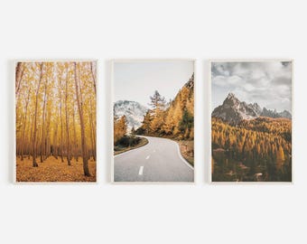Rustic Mountain Print Set, Autumn In The Mountains, Nature Photography, Lonely Mountain Road, Set of 3 Prints, Yellow Forest Trees Printable