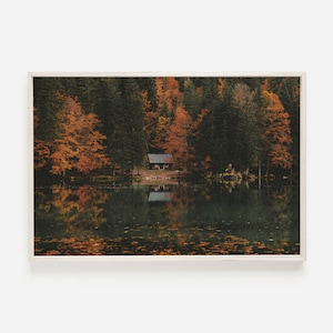 Cabin Reflection On Lake Poster, Herbst Kabine druckbare, rustikale See Kabine Kunst, Herbst Wohnkultur, Waldlandschaft, Herbstfarben Kunst