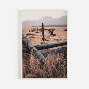 May include: A weathered wooden fence with barbed wire runs through a field of tall, dry grass. The fence is in the foreground, with a distant mountain range in the background.