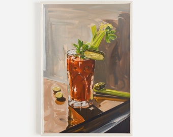 Bloody Mary Bar Sign, Spicy Bloody Mary Poster, Cocktail Printable, Vintage Style Painting, Oil Painting Of Bloody Mary, Bar Cart Decor