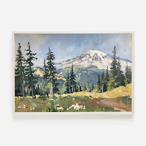 Impression du parc national du mont Rainier, nature sauvage de l'État de Washington, montagne couverte de forêt, tableau du mont Rainier, décoration d'intérieur rustique, style lodge