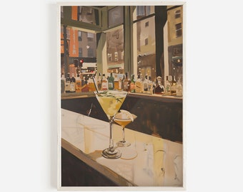 Manhattan Cocktail Print, Drinks On A Bar, Vintage Oil Painting, Bar In NYC Poster, Masculine Bar Cart Art, Manhattan Cocktail Printable
