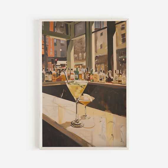 Manhattan Cocktail Print, Drinks On A Bar, Vintage Oil Painting, Bar In NYC Poster, Masculine Bar Cart Art, Manhattan Cocktail Printable