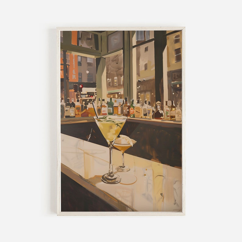 May include: A painting of a bar scene with two cocktails on the counter. The cocktails are in martini glasses and are filled with a light yellow liquid. The bar is made of dark wood and there are bottles of liquor behind the counter. The painting is done in a realistic style and the colors are muted.