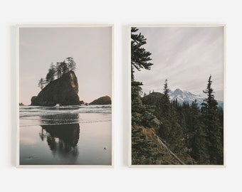 Pacific Northwest Photos, 2 Piece Print Set, Cascade Mountains, Washington Wall Art Set, Moody PNW Prints, Set of 2 Prints, Ocean Beach Art