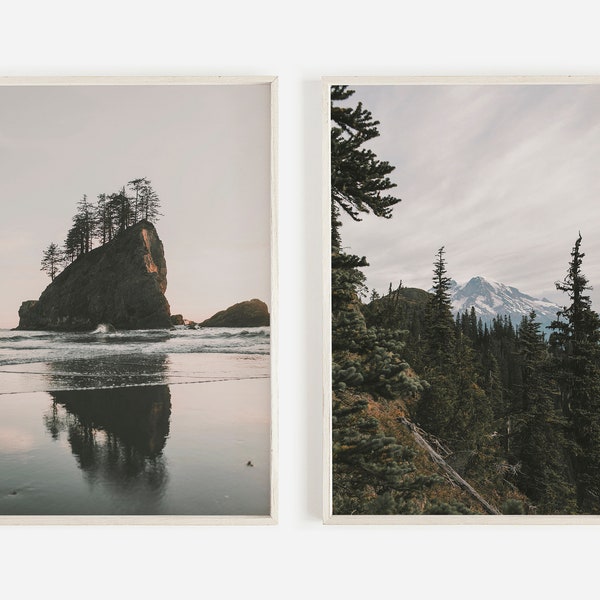 Pacific Northwest Photos, 2 Piece Print Set, Cascade Mountains, Washington Wall Art Set, Moody PNW Prints, Set of 2 Prints, Ocean Beach Art