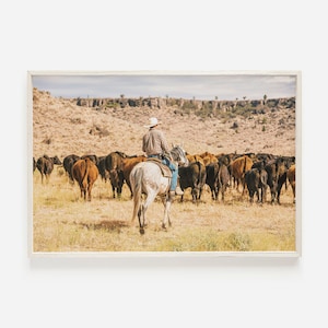 Cattle Ranching, Cowboy on Horse, Western Ranch Decor, Cattle Drive Poster, Cowboy Herding Cattle, Quarter Horse Print, Western Range Poster