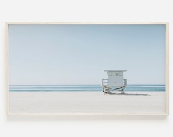 Samsung Frame TV Art, Coastal Beach Print, Lifeguard Tower Photo, Lifeguard Art for Frame TV, Neutral Beach Art, Minimal Beach TV Decor,