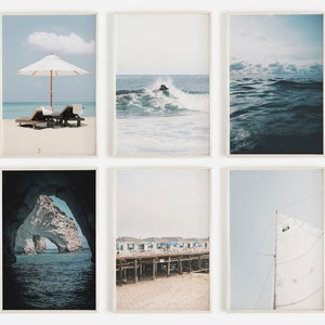 Nautical Beach Gallery Wall, Blue Ocean Print Set, Set of 6 Prints, Surfer In Ocean, Sailboat Photo, Deep Blue Waters, 6 Piece Print Set