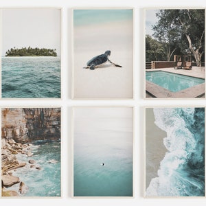 Tropical Ocean Set of 6, Aqua Ocean Gallery Wall, Waves From Above, Surfer in Calm Water, Beach House Pool, Baby Sea Turtle, Tropical Island
