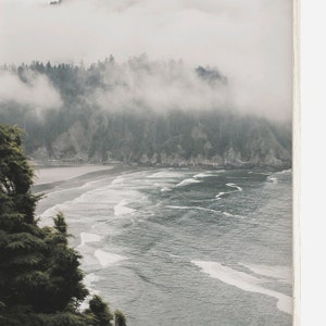 Puede incluir: Una escena de bosque brumoso y brumoso con vista a una playa y olas del oc&eacute;ano. El bosque est&aacute; en el fondo y el oc&eacute;ano en primer plano. La escena se captura desde un punto de vista elevado.