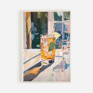 Impresión de té helado de Long Island, cartel de cóctel, pintura al óleo de estilo vintage, arte de cóctel clásico, bebida de verano, decoración de carrito de bar, arte de bar en casa