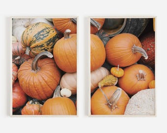Pile Of Pumpkins Print Set, Farmhouse Printable, Pumpkin Harvest Posters, Diptych Fall Art, Pumpkin Farm Photos, Autumn Aesthetic Prints