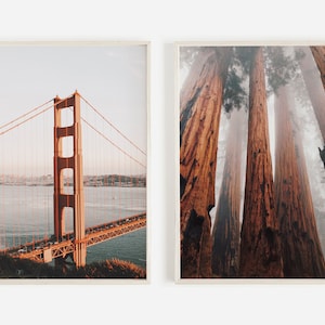 Fotografia della California, set di stampe in 2 pezzi, Golden Gate Bridge, punti di riferimento della California, arte della parete della foresta di sequoie, stampe della Bay Area, poster Norcal