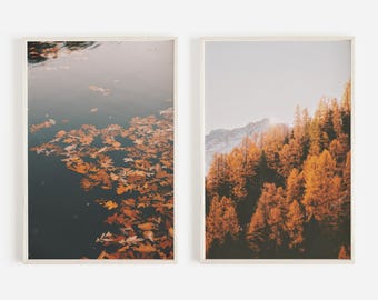 Autumn Forest Print Set, Set of 2 Prints, Fallen Leaves On Lake, Mountain Pine Forest Poster, Rustic Home Decor, Western Autumn Wall Art