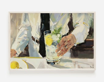 Bartender Serving A Tom Collins Poster, Classic Cocktail Print, Oil Painting Digital Art, Vintage Cocktail Art, Tom Collins Drink, Bar Cart