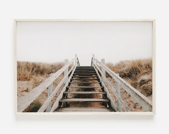 Arte mural "Steps to Dunes", póster de playa neutral, arte costero imprimible, escalones de madera para playa, fotografía de dunas de playa, estética de pescador