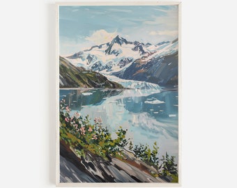 May include: A framed landscape painting depicts a mountain range with snow-capped peaks reflected in a calm lake. The artwork features a glacier, blue sky, and green foliage with pink flowers in the foreground. The painting is in a white frame.