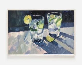 Pode incluir: Dois copos de uma bebida refrescante com rodelas de limão e gelo, pintados em um estilo solto e impressionista. Os copos estão sobre uma superfície branca com sombras projetadas pela luz.