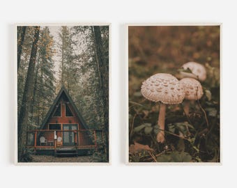 Cabin In The Woods Print Set, Mushroom Poster, Trendy Autumn Art, Rustic Home Decor, A Frame Cabin Printable, Woodland Scenery Prints