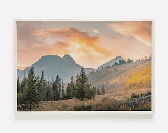 Colorado Sunset Scenery, Lodge Style Decor, Rustic Mountain View, Pine Forest and Mountains, Rockies Wall Art, Colorado Digital Print