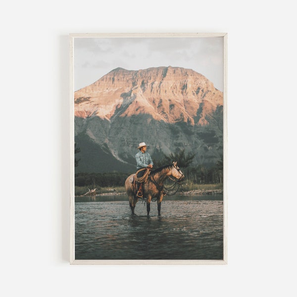 Cowboy in River, Western Scenery, Ranch Horse Wall Art, Horseback Riding in River, Cowboy Home Decor, Western Range, Mountain Printable