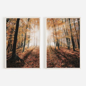 Autumn Forest Sunrise Print Set, Set of 2 Prints, Rustic Nature Decor, Lodge Style Artwork, Diptych Print Set, Trendy Autumn Art, Warm Tones