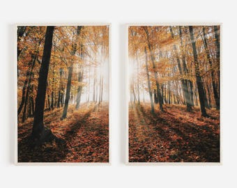 Autumn Forest Sunrise Print Set, Set of 2 Prints, Rustic Nature Decor, Lodge Style Artwork, Diptych Print Set, Trendy Autumn Art, Warm Tones