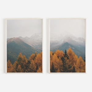 Conjunto de impresiones de picos de montañas brumosas, conjunto de 2 impresiones, bosque en la cima de la montaña, conjunto de impresiones díptico, paisaje de Colorado, montañas rocosas, fotos de otoño