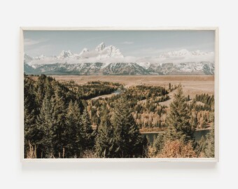 River Running Through Trees, Grand Teton Mountains, Wyoming Scenery, Forested River Bed, Grand Teton River Poster, Rustic Home Decor