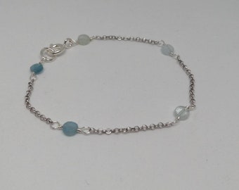 Aquamarines Bracelet, Sterling silver, March Birthstone, Natural Gemstone, 6.5", gift for girl