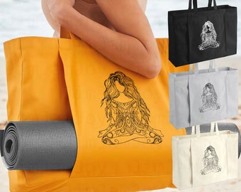 Yoga Tote Bag with Yoga Mat Pocket, Pilates Yoga Mat Bag, Organic Cotton Tote Bag, Large Gym Bag, Beach Tote Bag with Sleeve, Embroidered