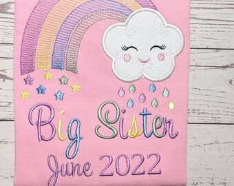 Big Sister t shirt, Birth Announcement Top, Gifts For Girls,  Pregnancy announcement, Personalized, Embroidery, Rainbow, Clouds