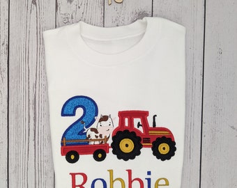 Children Personalised Tractor Tshirt | 2nd Birthday Tshirt | Boys Birthday Tshirt Gift | Children Birthday Outfit | Embroidered Kids Tshirt