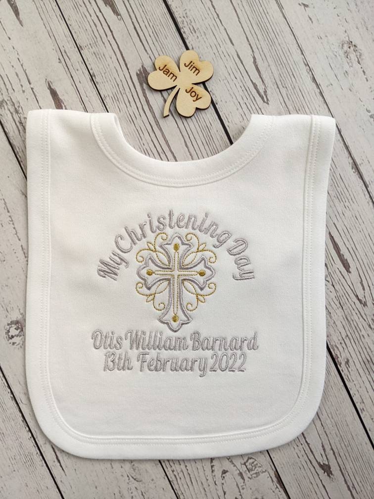 Personalised Embroidered Baby My Chrstening Day Bib Ivory 1 or 2 Bibs 