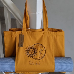 Personalised Yoga Tote Bag Moon and Sun , Yoga Mat Bag, Yoga Mat Pocket, Pilates Mat Bag, Organic Cotton Tote, Large Gym Bag, Embroidery