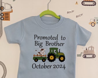 Promoted to Big Brother T shirt  | Gifts For Boys | Birth  announcement | Personalized Tshirt | Embroidery | Tractor | Cows | Siblings Shirt