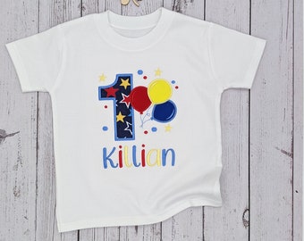 T-shirt d’anniversaire de ballons de fête personnalisés pour enfants | T-shirt du 1er anniversaire des garçons | T-shirt d’anniversaire pour enfants | T-shirt brodé