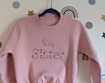Children's  Big Sister Floral Sweatshirt | Big Sister Flower Monogram Tshirt  | Embroidery