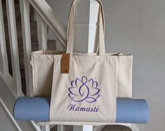 Personalised Yoga Tote Bag with Yoga Mat Pocket, Pilates Yoga Mat Bag, Organic Cotton Tote Bag, Large Gym Bag  with Sleeve, Embroidered