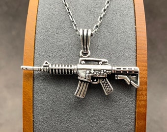 925 Sterling Silver M4A15 Pendant & Chain. Solid Silver Rifle Pendant and Necklace. Men's Jewelry. Gift for Men.