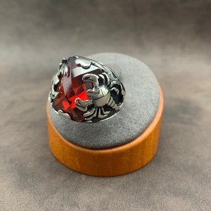 May include: A silver ring with a red gemstone and a scorpion design.