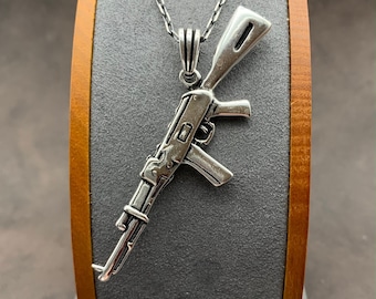 925 Sterling Silver AK-47 Pendant & Chain. Solid Silver Kalashnikov Rifle Pendant. AK47 Necklace. Men's Jewelry. Gift for Men.