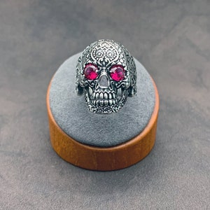 925 Sterling Oxidized Silver Floral Skull Men&#39;s Ring. Sugar Skull. Calavera Ring. Biker Style Gothic Ring.
