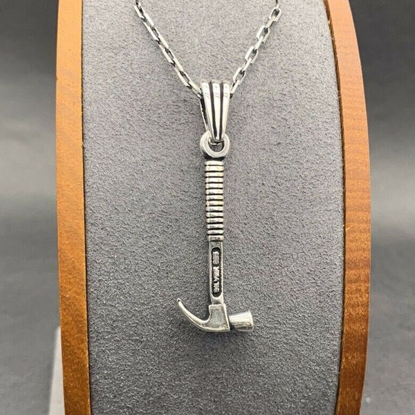 925 Sterling Silver Solid Hammer Pendant Necklace and Chain. No Stone. Men’s Necklace.